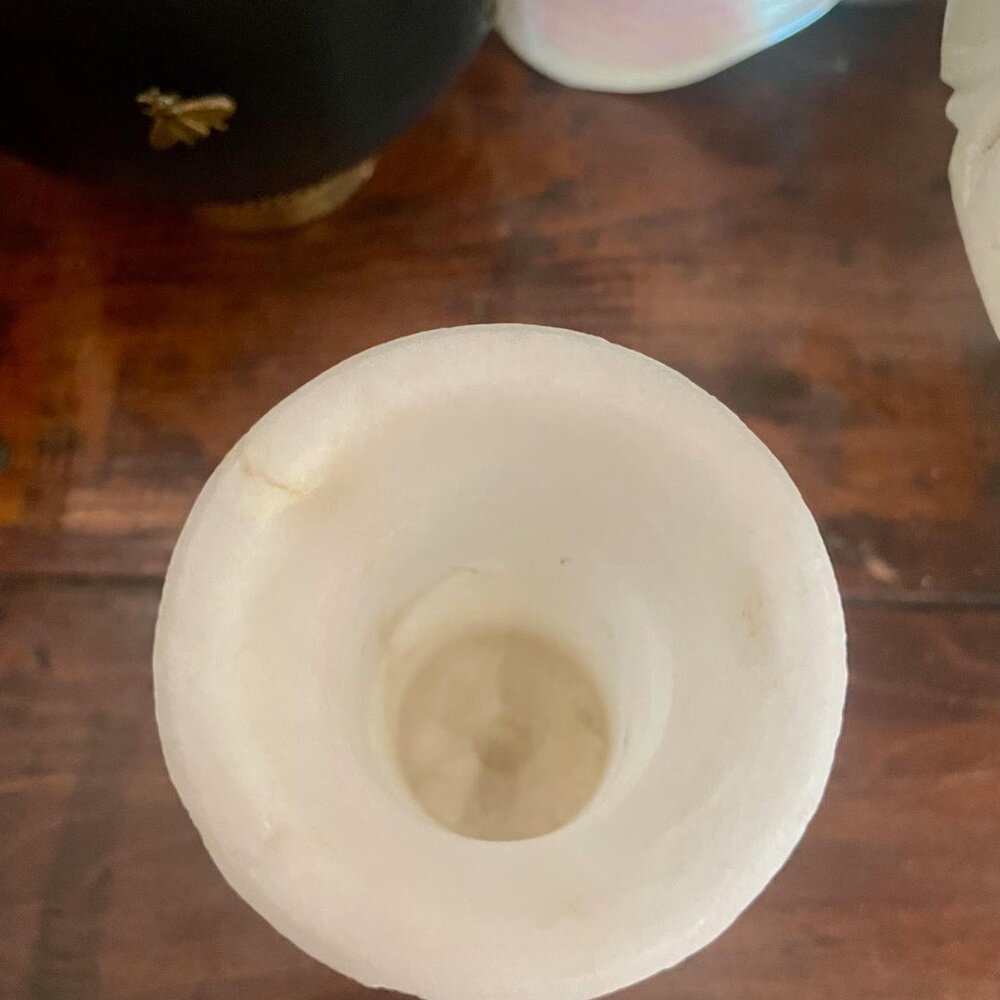 Vintage Hand-Carved Alabaster Vase Creamy White Stone Decorative Urn Leaf Design - Picture 5 of 10